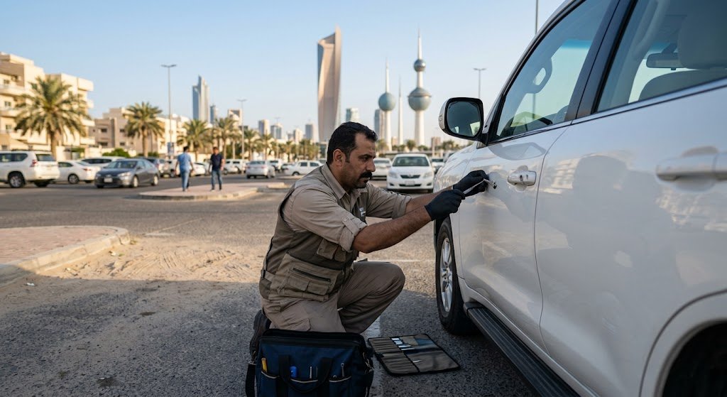 فني متخصص يفتح قفل سيارة ضمن خدمات فتح سيارات القرين بالكويت