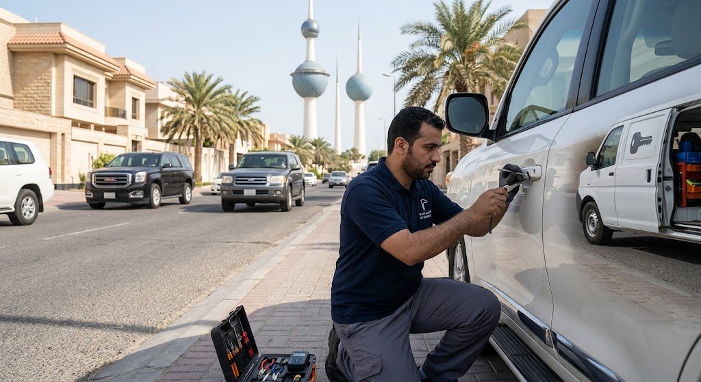 فني متخصص يقوم بفتح أقفال السيارات المغلقة باحترافية وأمان ضمن خدمات فتح سيارات الوطية بالكويت