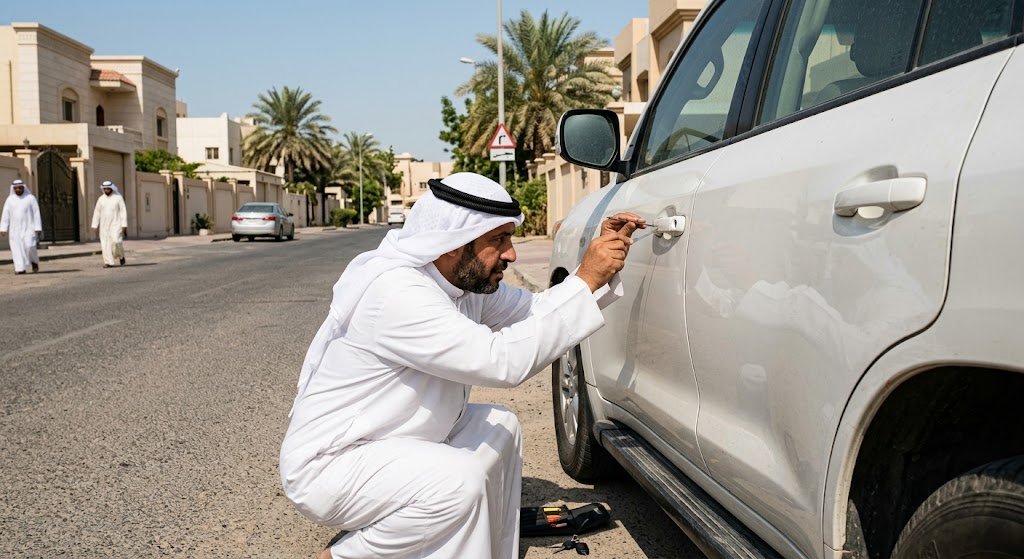 فني متخصص يقوم بفتح أقفال السيارات بأمان ضمن خدمات فتح سيارات الدعيه بالكويت